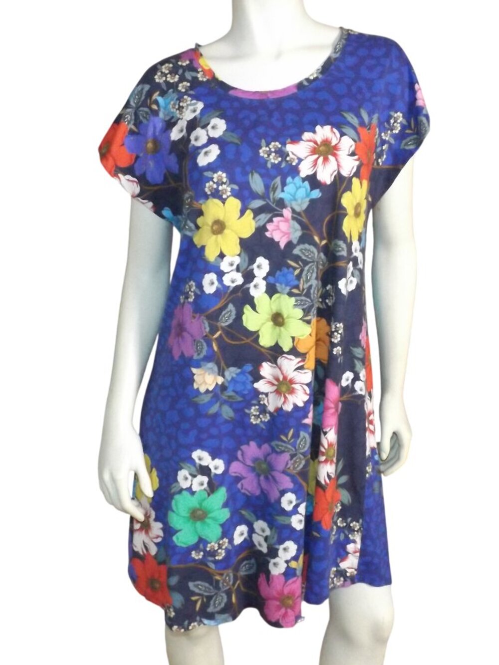 JOHNNY WAS Tee Dress, XL, Blue Leopard/Multicolor floral, Jersey T-Shirt style
